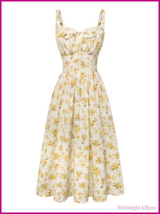 Dresses & Skirts - Floral Corset Dress Cutout Waist Smocked Back Pockets 95% Polyester 5% Elastane